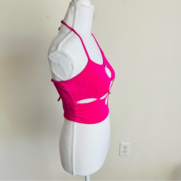 Neon Hot Pink Slinky Cut Out Rhinestone Crystal Embellished Tank Top - Picture 5 of 5